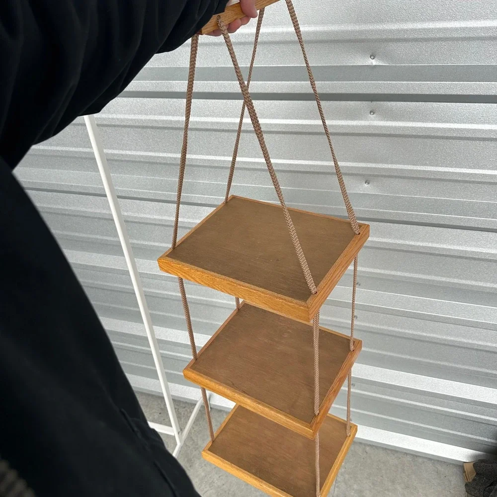 Handmade 3‎ Tier Wood Hanging Rope Shelf Boho Wall Decor Plant Display Brown
